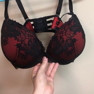 Black and red lace strapped bra